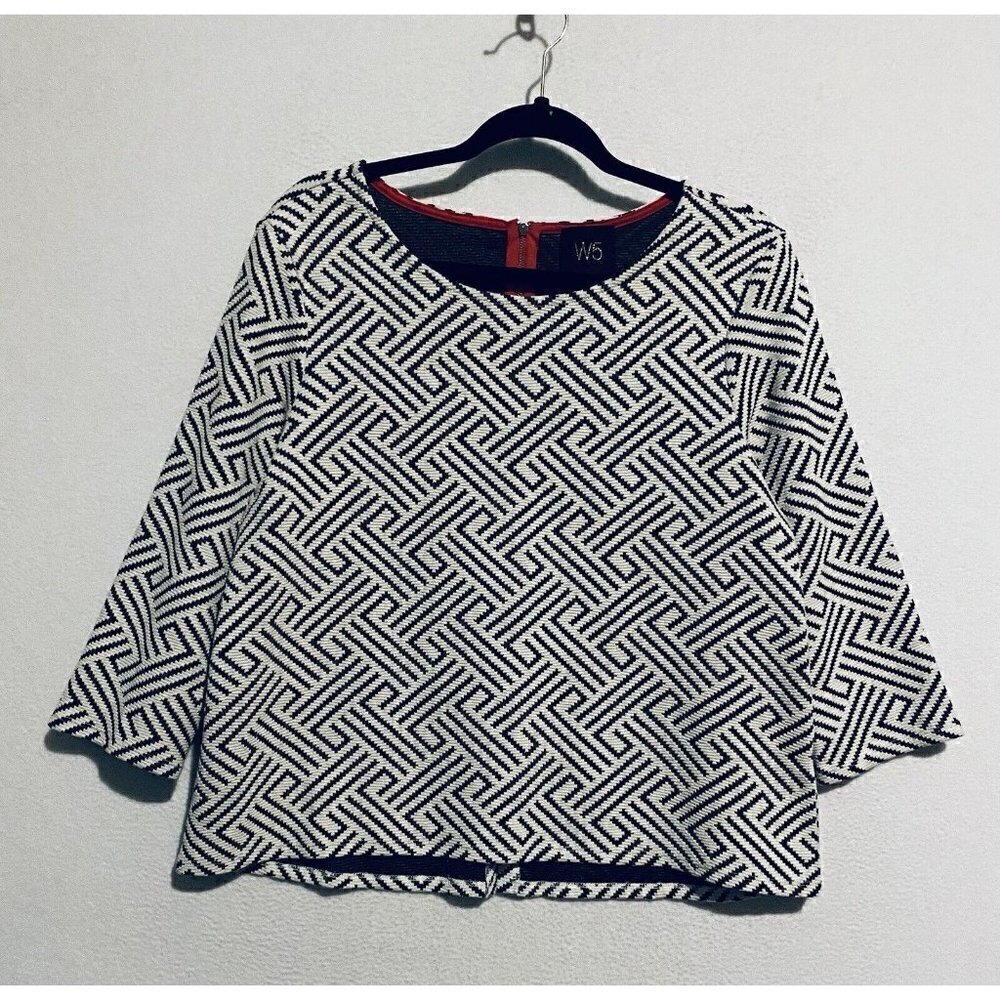 Anthropologie W5 Top Womens Medium Split Back Textured Print 3/4 Sleeve Gray